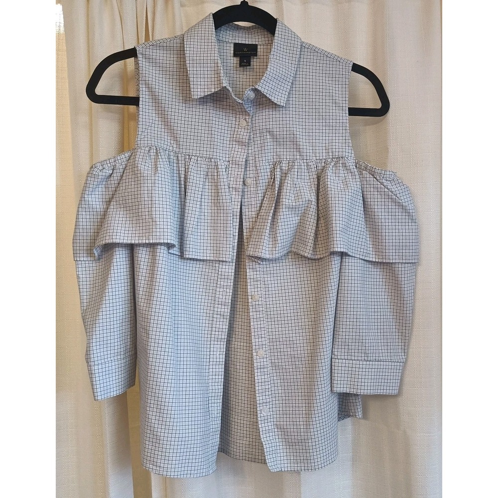 Worthington Women Blue White Grid Ruffle Cold Shoulder Button Down Shirt Small